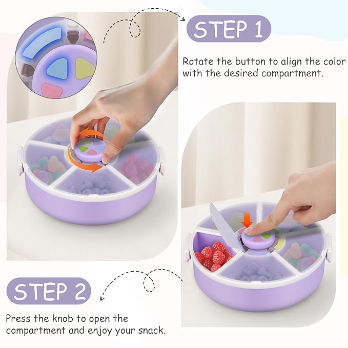 JOOPETALK Kids' Rotating Snack Container Set – 2-Pack, Includes 1 Rotating Snack Container & 1 Round Sectioned Snack Box, BPA-Free, Dishwasher Safe, Perfect for Travel-Purple
