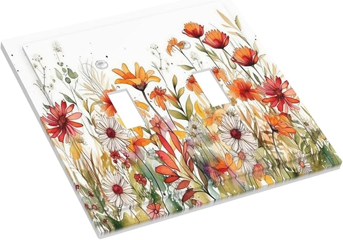 Watercolor Wild Flower Floral Daisy Plant Decorative Switch Plates 2 Gang Double Toggle Outlet Light Switch Cover Wall Plate Electrical Faceplate for Bedroom Living Room Decor