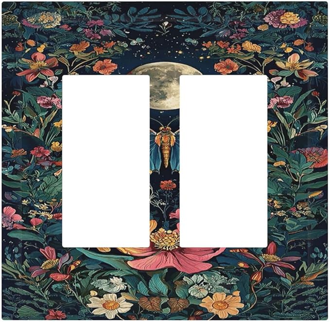 Decorative Outlet Covers Bohemian Moon Butterfly Floral 2 Gang Double Rocker Light Switch Cover Plate Electrical Switch Plate Cover Decorate GFCI Wall Plate for Bedroom Cabin Decor