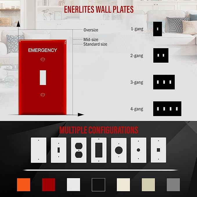 ENERLITES Toggle Light Switch Wall Plate with Emergency Label, Mid-Size Single-Gang 4.88" x 3.11", Unbreakable Polycarbonate Thermoplastic, UL Listed, 8811M-ER, Red with Emergency Label
