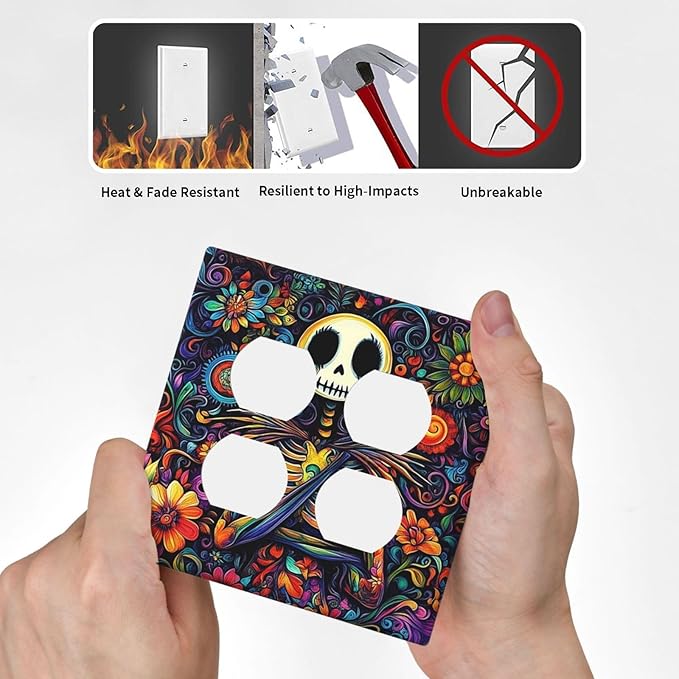 Outlet Covers Colorful Flowers Abstract Skull 2 Gang Double Duplex Decorative Light Switch Covers Electrical Wallplates Socket Faceplate For Home Living Room Decor