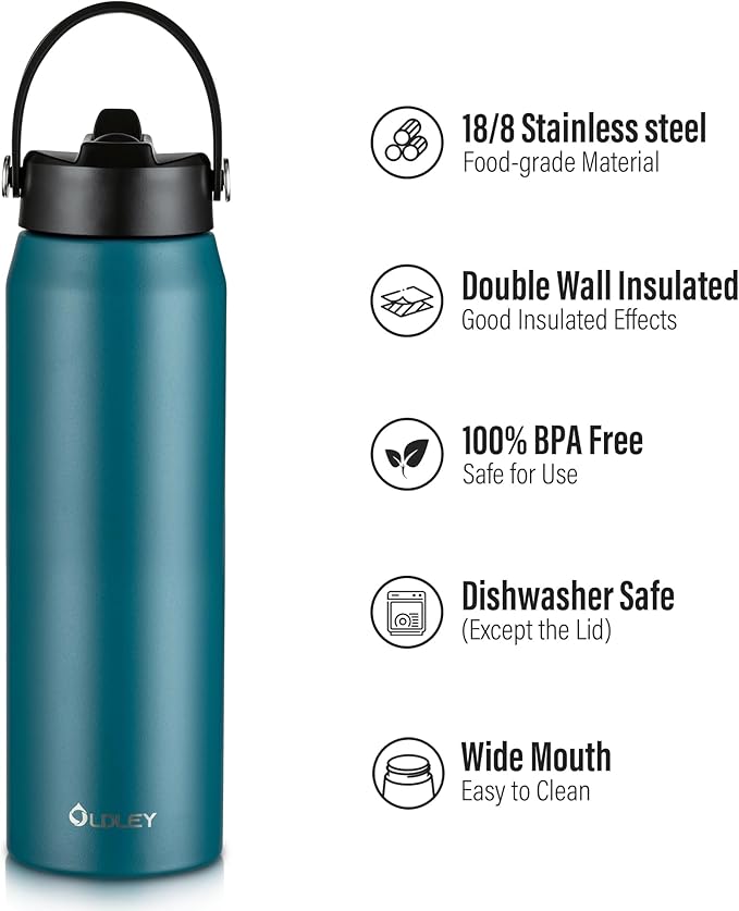 Oldley 32oz Insulated Water Bottle with Straw, Stainless Steel Water Bottle for Sports, Travel, School, BPA-Free Sports Bottles for Adult Kids, Leak-Proof, Emerald Green