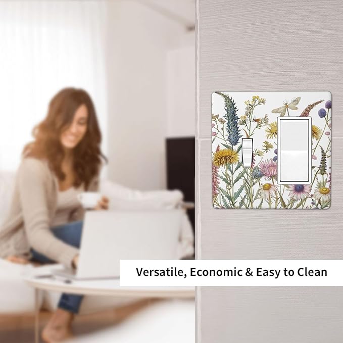 Light Switch Cover Plate Botanical Wildflowers Dragonfly Colorful Floral 2 Gang Combo Wall Plates Toggle Rocker Decorative Switch Plates and Outlet Covers for Bathroom Bedroom Decor