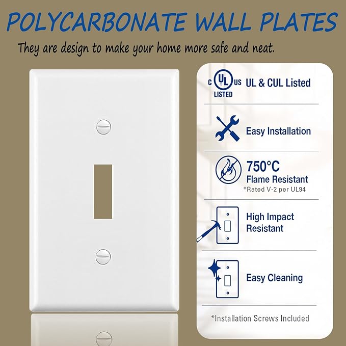 Light Switch Cover Plate,Toggle Light Switch Wall Plate,Toggle Wall Plate Cover,Standard Size 1-Gang 4.50" x 2.76",Unbreakable Polycarbonate Thermoplastic,UL Listed (12 Pack, Glossy White)