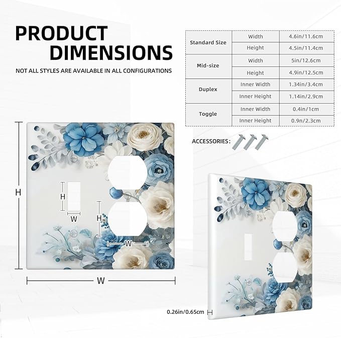 Decorative Outlet Covers Blue Rose White Flowers Rustic Floral 2 Gang Wall Plate Cover Single Toggle Duplex Combo Two Switch Light Switch Cover Plate Dual Electrical Face Plate
