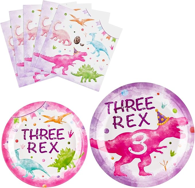 WERNNSAI Three Rex Birthday Decorations - 48 PCS 3rd Plates and Napkins Pink Dinosaur Birthday Decorations Dino Party Supplies Dinosaur Party Favors for Girls Serves 16 Guests