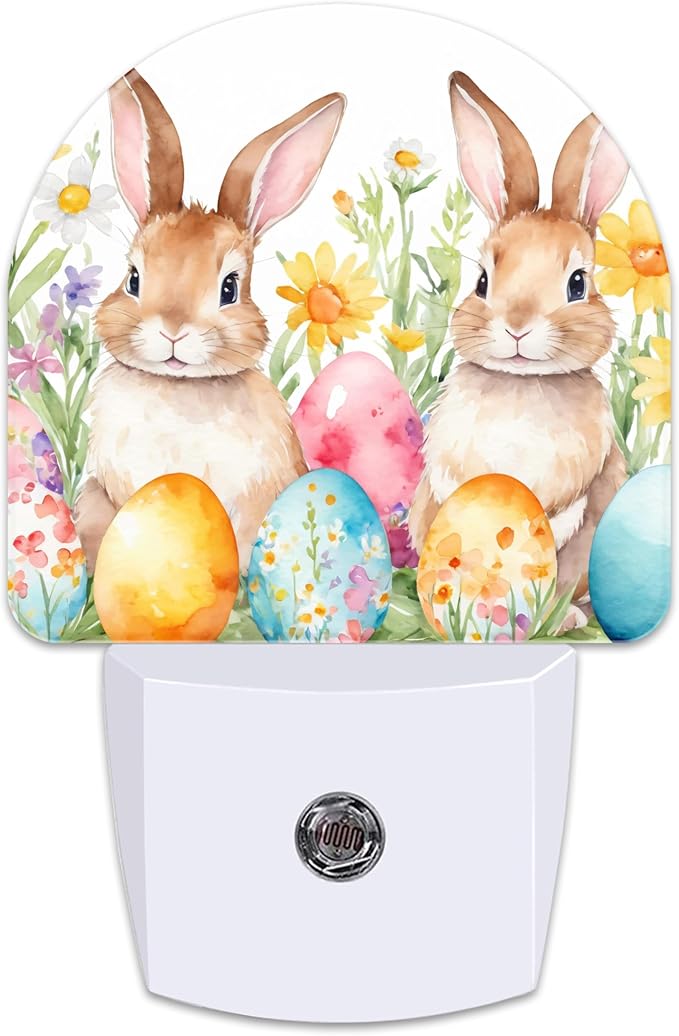 Easter Bunnies and Eggs Night Light for Kids,Cute Easter Rabbit and Flowers Plug in Night Light with Dusk to Dawn Sensor, 0.5w Energy Saving Nightlight for Hallway Stairway Kitchen Bedroom