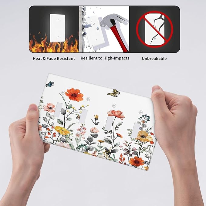 Colorful Butterfly Blossom Flower Floral Decorative 4 Gang Quad Toggle Light Switch Cover Electric Large Size Quadruple Faceplate Decorative Switch Face Wallplate