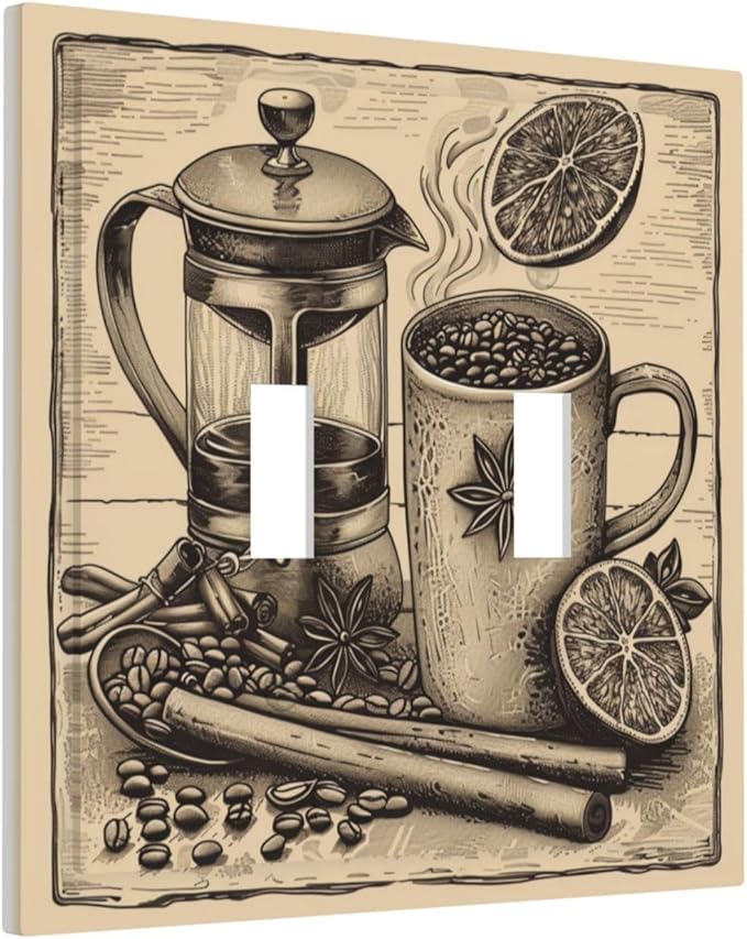 Light Switch Cover Plate Beige Vintage Rustic Coffee Beans Spice 2 Gang Double Toggle Decorative Switch Plates Wall Plates Electrical Faceplate for Kitchen Coffee Bar Decor