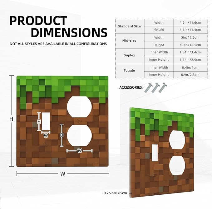 Pixel Style Gamer Themed Grass Block Wallplates 1 Toggle 1 Duplex Switch Plate Electrical GFCI Faceplate Decorative Light Switch Covers for Kids Room Office Home Decor