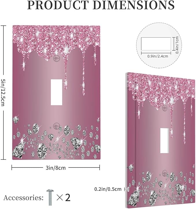Sparkling Diamonds Pink Silver Glitter Drops Print 1 Gang Light Switch Covers Decorative Unique Single Toggle Wall Plate Switchcover Electrical Switchplate for Kitchen Bathroom Bedroom Decor
