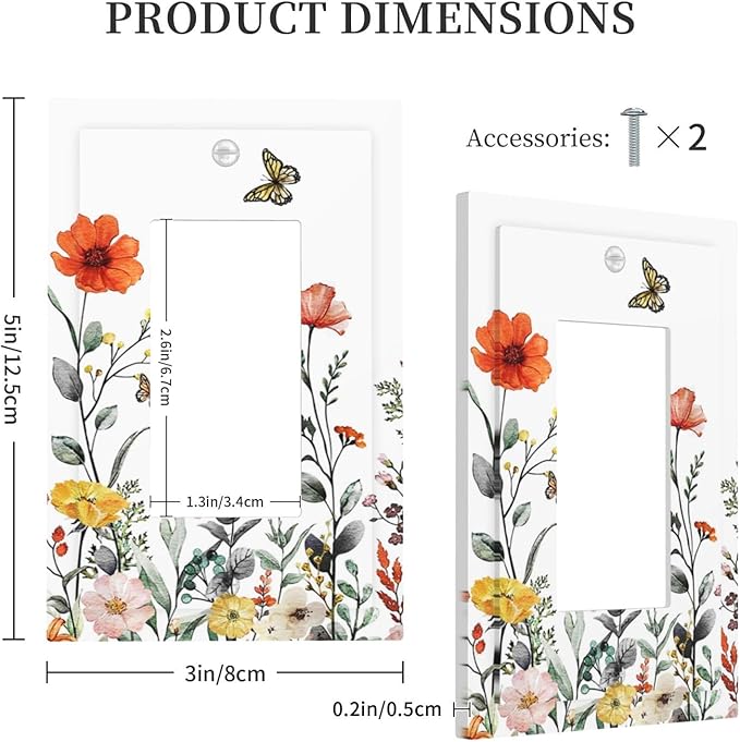 Colorful Butterfly Wild Flower 1-Gang Decorator Rocker Outlet Light Switch Cover Colored Vintage Floral Pretty Spring Garden Decorative Single Device GFCI Receptacle Switch Wall Plate Dimmer Mid Size
