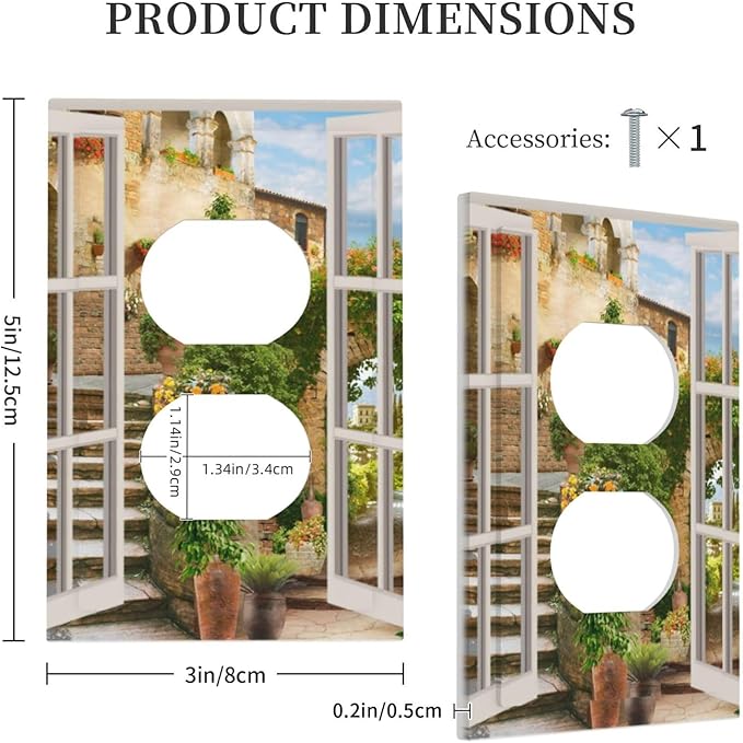 Mediterranean Greece Scene Flowers 1 Gang Duplex Outlet Covers Light Switch Cover Decorative Electrical Switchplate Italian Town from Another Window Faceplate for Bathroom Bedroom Home Decor