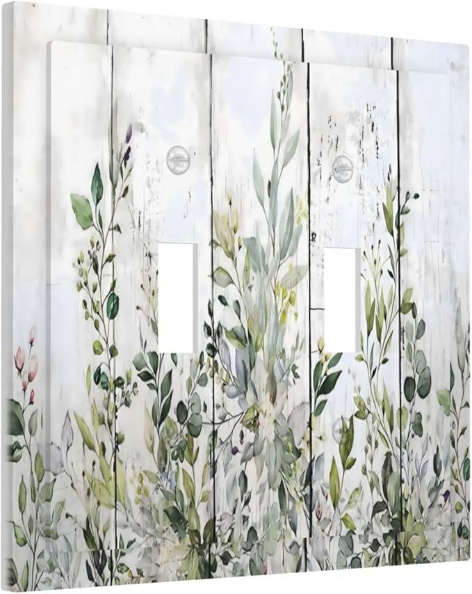 Sage Green Eucalyptus Rustic Country Botanical Leaf Flower Decorative Switch Plates 2 Gang Double Toggle Outlet Light Switch Cover Wall Plate Electrical Faceplate for Farmhouse Bedroom Decor