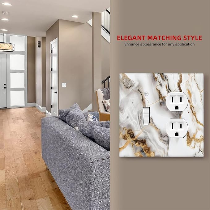 Luxurious Marble Abstract White Gold Tile Modern Simplicity Wallplates 1 Toggle 1 Duplex Switch Plate Electrical GFCI Faceplate Decorative Light Switch Covers for Bathroom Kitchen Decor