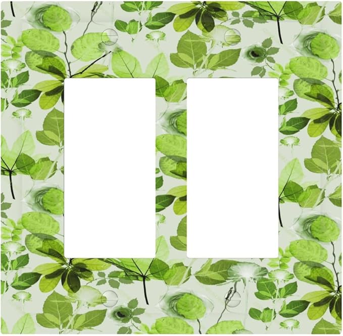 Green Leaves Spring Plant Floral Decorative Outlet Covers 2 Gang Double GFCI Rocker Electrical Wall Panels Light Switch Cover Plate for Bed Room Living Room Decor
