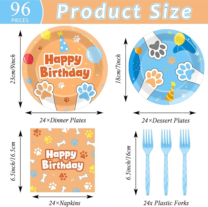 Justforjoyful 96Pcs Blue Dog Happy Birthday Party Supplies Cartoon Puppy Paper Plates and Napkins Disposable Paw Tableware Dinnerware Set for Kids Dogs Parties Decorations Favors Baby Shower Serve 24
