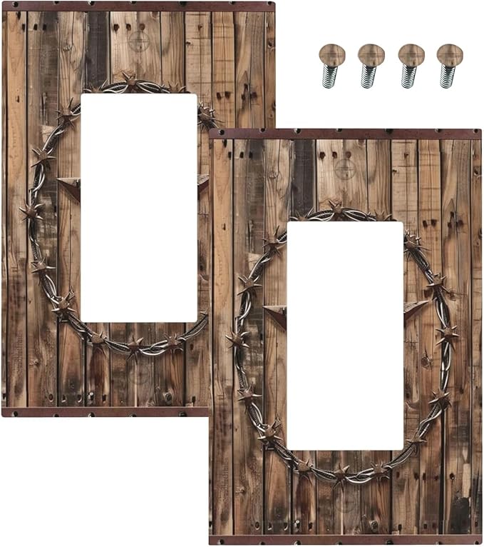 Outlet Covers Rustic Star Western Cowboy Wood 1 Gang Duplex Light Switch Cover Plate Decorative Wall Plates Electrical Switchplate Receptacle for Farmhouse Home Decor（2 Pack）