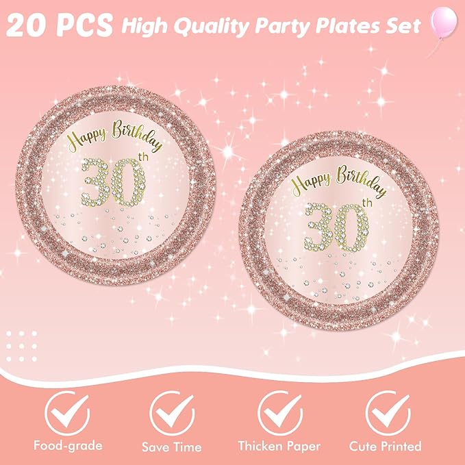 41Pcs 30th Birthday Decorations for Women, Rose Gold Thirty Year Old Birthday Party Supplies Include 20 Plates 20 Napkins and 1 Tablecloth, Pink 30 Aged Birthday Party Tableware