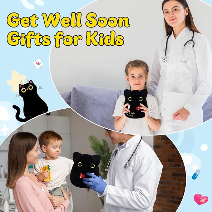 Get Well Gifts Black Cat Plush, 8 inch Black Cat Stuffed Animals Get Well Soon Gift for Kids Women, Cute Cat Plush Pillow Soft Stuffed Cat Feel Better Gifts for After Surgery