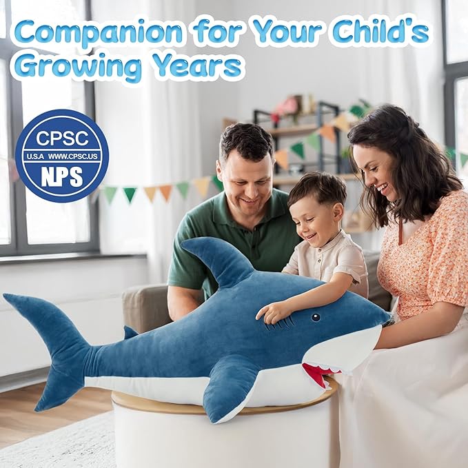 MorisMos 39inch Giant Shark Stuffed Animal, Large Stuffed Shark Plush Toys Pillow Gift for Kids Girlfriend, Blue
