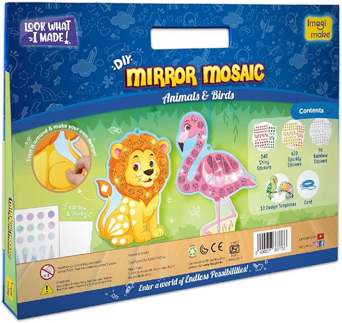 Imagimake Mirror Mosaic Animals & Birds Kids Art Set | DIY Craft Kits | Foil Art Stickers for Girls | Activities for Kids Ages 3-5 | Gifts for Kids 3,4,5,6,7 Year Old | 3 Year Old Boy Gift