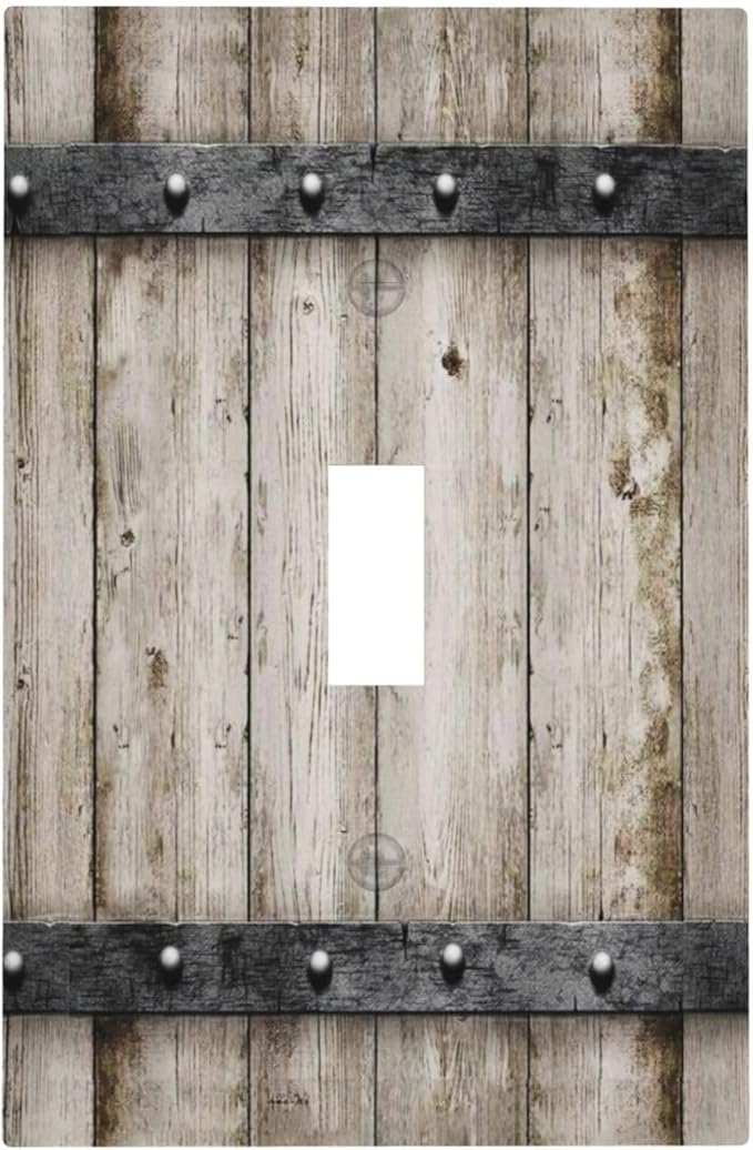 Western Rustic Wooden Barn Door Kitchen Wood Cabin Farmhouse Country Retro Plank 1-Gang Outlet Light Switch Plate Cover Decorative Single Toggle Face Wall Plate Electrical Receptacle Cover Jumbo Size