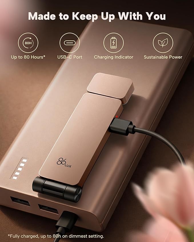 86lux Book Light, Rechargeable Clip-On LED Reading Light for Bed & Night Use - 3 Color Temperatures with Stepless Dimming, Ultralight Bookmark Design for Kids, Book Lovers, Pink Brown