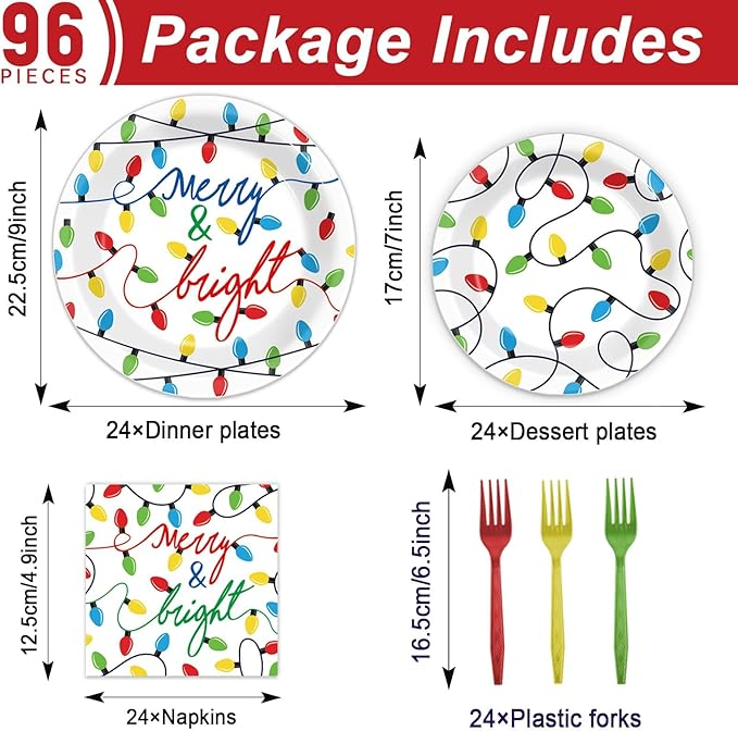 ZOIIWA 96PCS Merry Christmas Party Tableware Set Christmas Lights Party Supplies Merry and Bright Disposable Dinnerware Plates Napkins Forks with Holiday String Lights for Xmas Birthday Favors