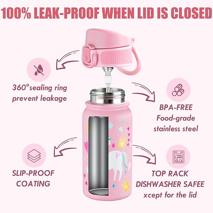 OLDLEY 12oz Kids Water Bottle, Stainless Steel Insulated Water Bottle For Kids, With Straws Leak-proof, Kids Water Bottles For School Boys Girls,Unicorn