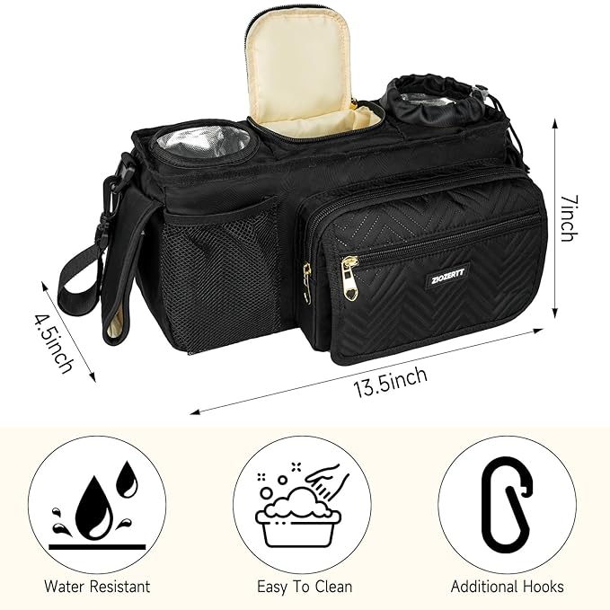 Universal Stroller Organizer with Insulated Cup Holders,Large Capacity Non-Slip Stroller Caddy Bag Fits for Uppababy/Doona/Jogger/Britax/Mompush/BoB with Anti-Sag Hard Bottom and Wet Wipes Pocket