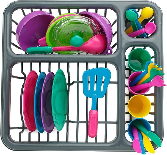 28 PCS Kids Pretend Play Dishes Kitchen Playset - Wash and Dry Dish Rack Toy with Drainer, Kitchen Tableware Sets for Toddlers