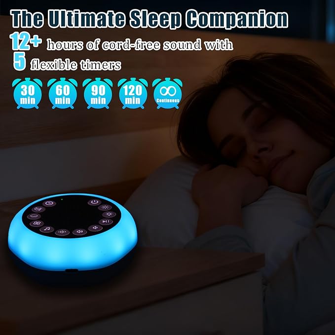Syaws Portable Sound Machine,White Noise Machine with 27 Soothing Sounds,7 Color Night Light with Nursery Lamp,Child Lock Design,5 Sleep Timer with 18 Levels of Volume,USB C Rechargeable