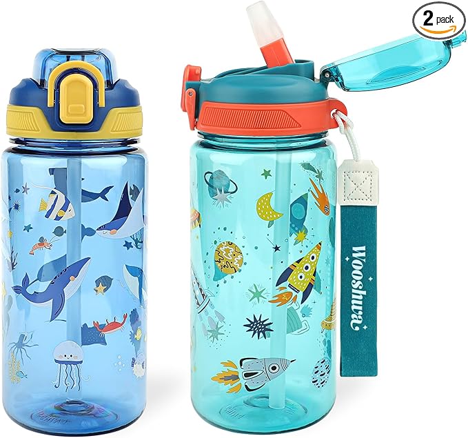 Kids Water Bottle for School or Travel, 20 Oz 2 Pack Durable Plastic Water Bottle with Silicone Straw and Pop-Up Spout Cover, BPA Free & Dishwasher Safe(Rocket & Ocean Animals)