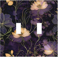 Modern Boho Vintage Gold Purple Dark Floral Modern Abstract Flowers Decorative Switch Plates 2 Gang Double Toggle Wall Plate Electrical Faceplate Outlet Light Switch Cover for Bedroom Living Room