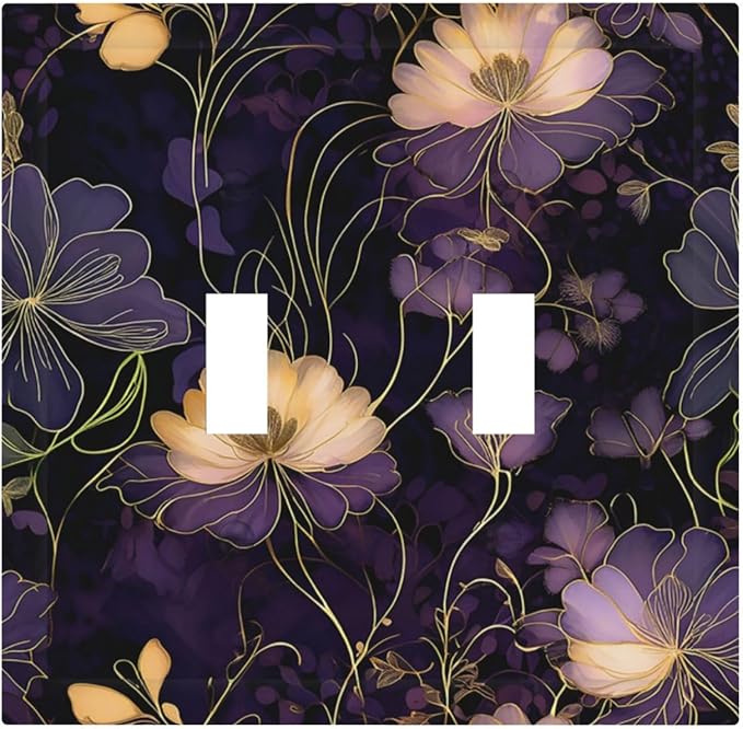 Modern Boho Vintage Gold Purple Dark Floral Modern Abstract Flowers Decorative Switch Plates 2 Gang Double Toggle Wall Plate Electrical Faceplate Outlet Light Switch Cover for Bedroom Living Room