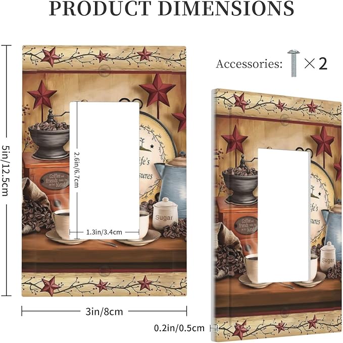 Country Life Coffee Beans Texas Star Bar Clock 1-Gang Decorator Rocker Outlet Light Switch Cover Dining Room Kitchen Cafe Cup Decorative Single Device GFCI Receptacle Switch Wall Plate Dimmer Mid Size
