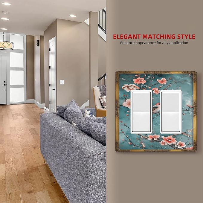 Decorative Art Light Switch Covers Birds on Branches 2 Gang Dual Rocker Outlet Switch plate Faceplate GFCI for Home Decor
