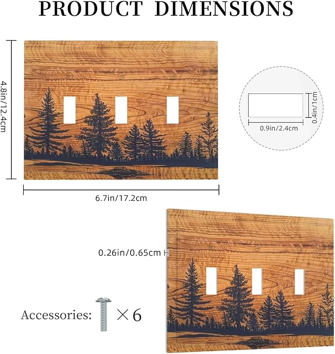 Country Farm Forest Pine Tree Woodland Woods 3 Gang Screwless Triple GFCI Decorator/Rocker Light Switch Wall Plate Rustic Orange Wood Wooden Decorative Dual Device Receptacle Faceplate Outlet Cover