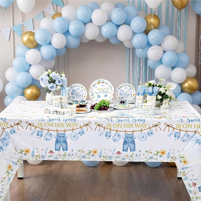 Pickmesh 194 Pcs Floral Baby Boy Shower Decorations for 24 Guests, Baby Shower Blue Paper Plates and Napkins Cups Tablecloth Cutlery for Spring It's a Boy Gender Reveal Party Supplies