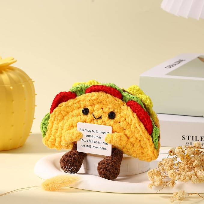 TOYMIS Funny Positive Life Taco, 5.12x4.33 Inch Emotional Positive Support Taco Inspirational Crochet Taco with Encouragement Card Knitted Taco Doll Positive Gift for Friends Home Decoration