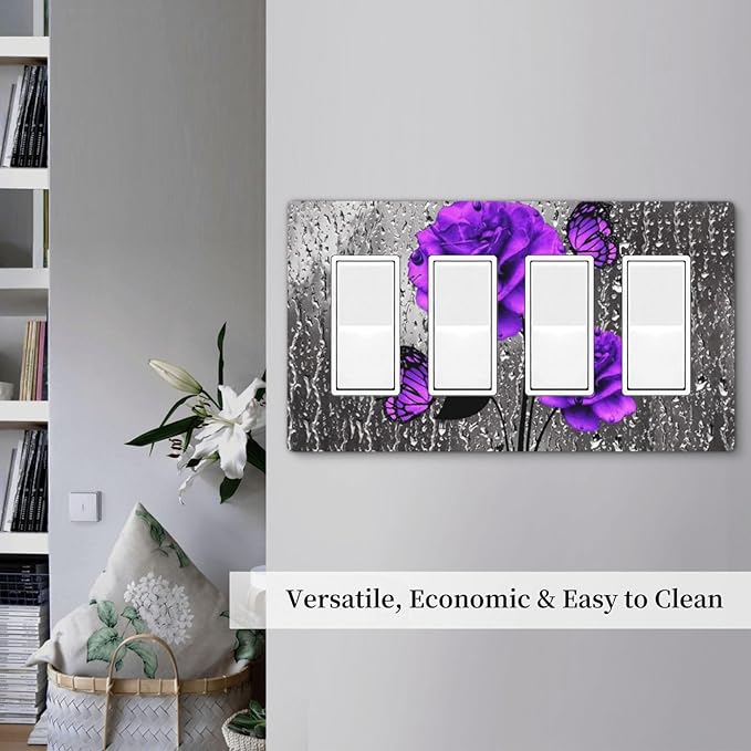 Romantic Purple Butterfly Rose Flower 4 Gang Quad Rocker Light Switch Cover Decorative Quadruple Device GFCI/Decorator Wall Plate Electric Faceplate Screwless