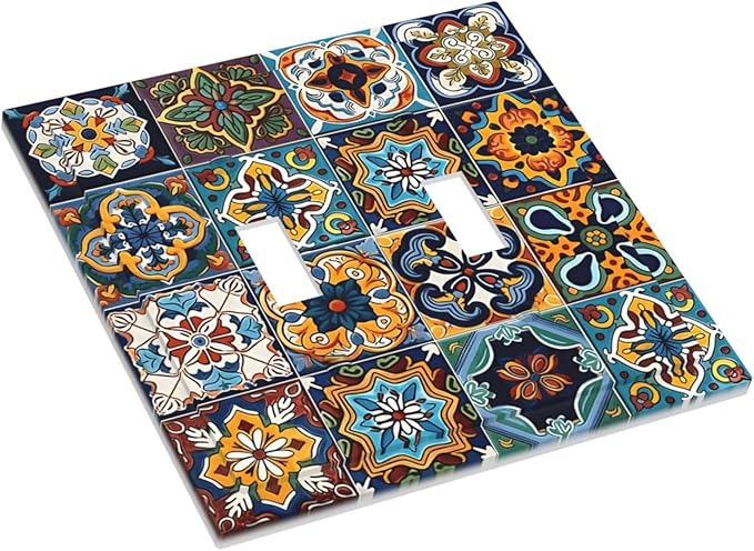 Mexican Talavera Tiles Floral Decorative Switch Plates 2 Gang Double Toggle Outlet Light Switch Cover Wall Plate Electrical Faceplate for Bathroom Kitchen Decor