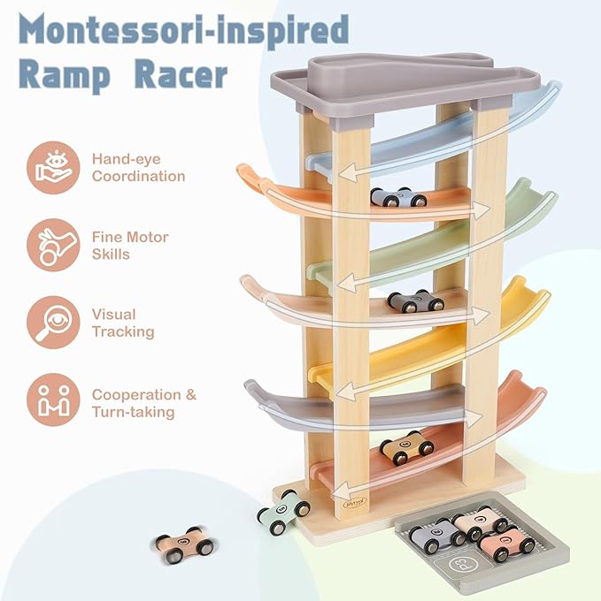 Joyreal Montessori Toddler Toys for 1 2 3 Year Old - 7 Level Wooden Car Ramp Racer Toys with 8 Mini Cars & 2 Garages - Christmas Birthday Gifts for 2 Year Old Boys and Girls