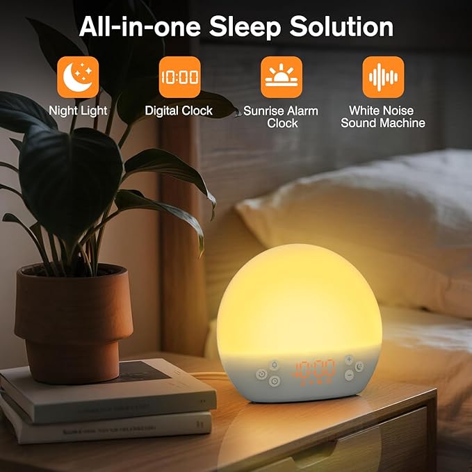 KEPLUG Wake Up Light Sunrise Alarm Clock,Digital Alarm Clocks Bedside Dimmable Night Light,White Noise Sound Machine 30 Soothing Sounds, Loud Alarm Clock for Heavy Sleepers Adults Kids,Ideal for Gift