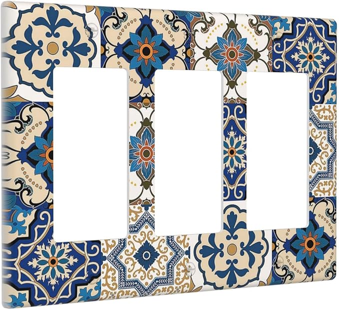 Light Switch Covers Mandala Decorative Tile Talavera Moroccan Tiles 3 Gang Rocker Electrical GFCI Decorative Triple Outlet Wall Plate Cover Switchplate for Bedroom living Room Decor