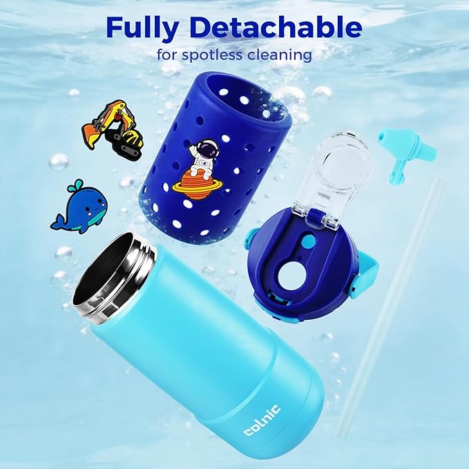 Kids Water Bottle for School 12 oz,Kids Vacuum Insulated Stainless Steel Water Bottles,Toddler Boy Water Bottle for School with Leak Proof Locking Lid(Ocean Blue)