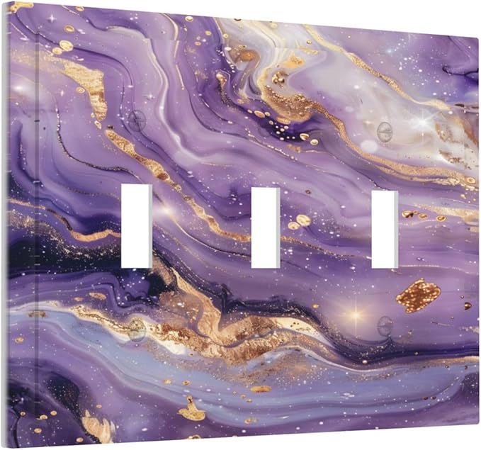 Luxury Marble Texture Purple And Gold Abstract Print Decorative Switch Plates 3 Gang Wall Plate Triple Toggle Light Switch Cover Faceplate Electrical Wall Panels for Bathroom Home Decor