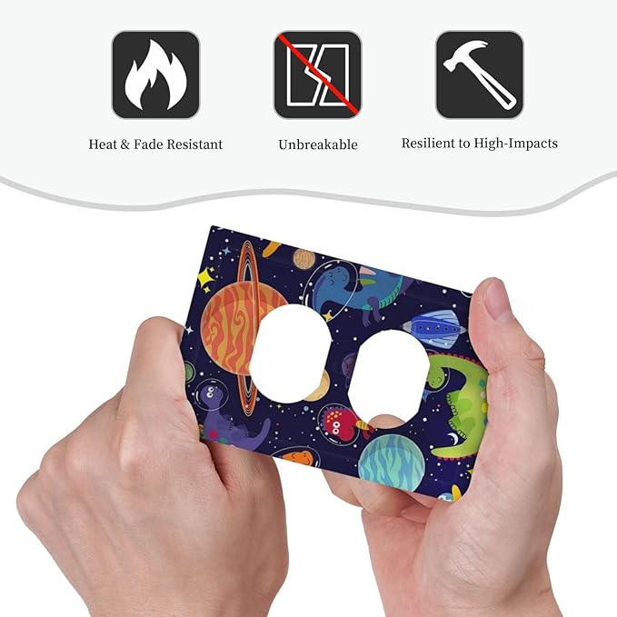 1 Gang Duplex Receptacle Switch Wall Plate Blue Cute Cartoon Dino Kids Dinosaur Universe Galaxy Outer Space Cosmos Planet Nebula Boy Girl Switchplate Mid Electrical Outlet Cover Receptacle Plug Cover