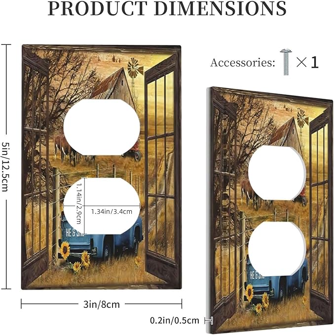 Fall Western Farmhouse Cow 1 Gang Outlet Plate Covers Decorative Single Duplex Wall Plate Barn door Blue Truck Electrical Receptacle Light Switch Cover Art Faceplate Switchplate for Home Decor